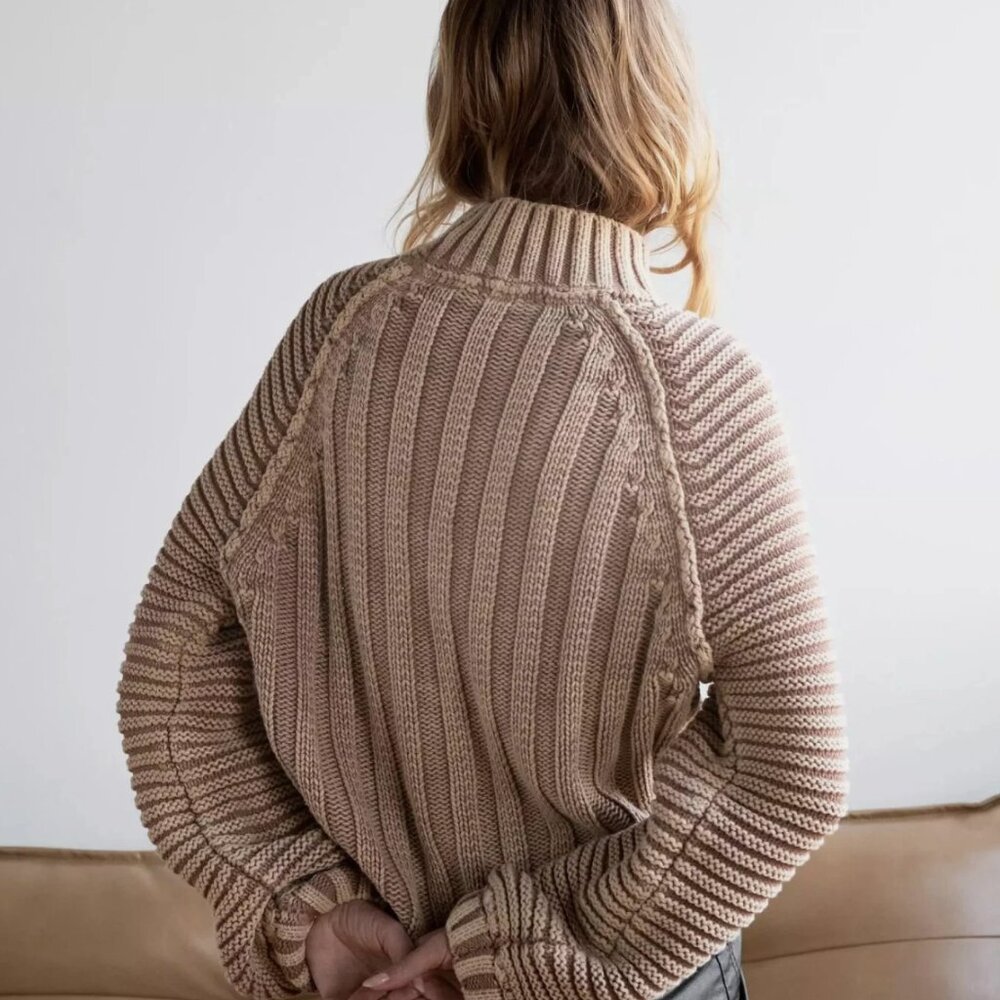 Free People Tan Light Brown Chunky Knit Mock-Neck Sweetheart Sweater Size Large - Picture 6 of 6